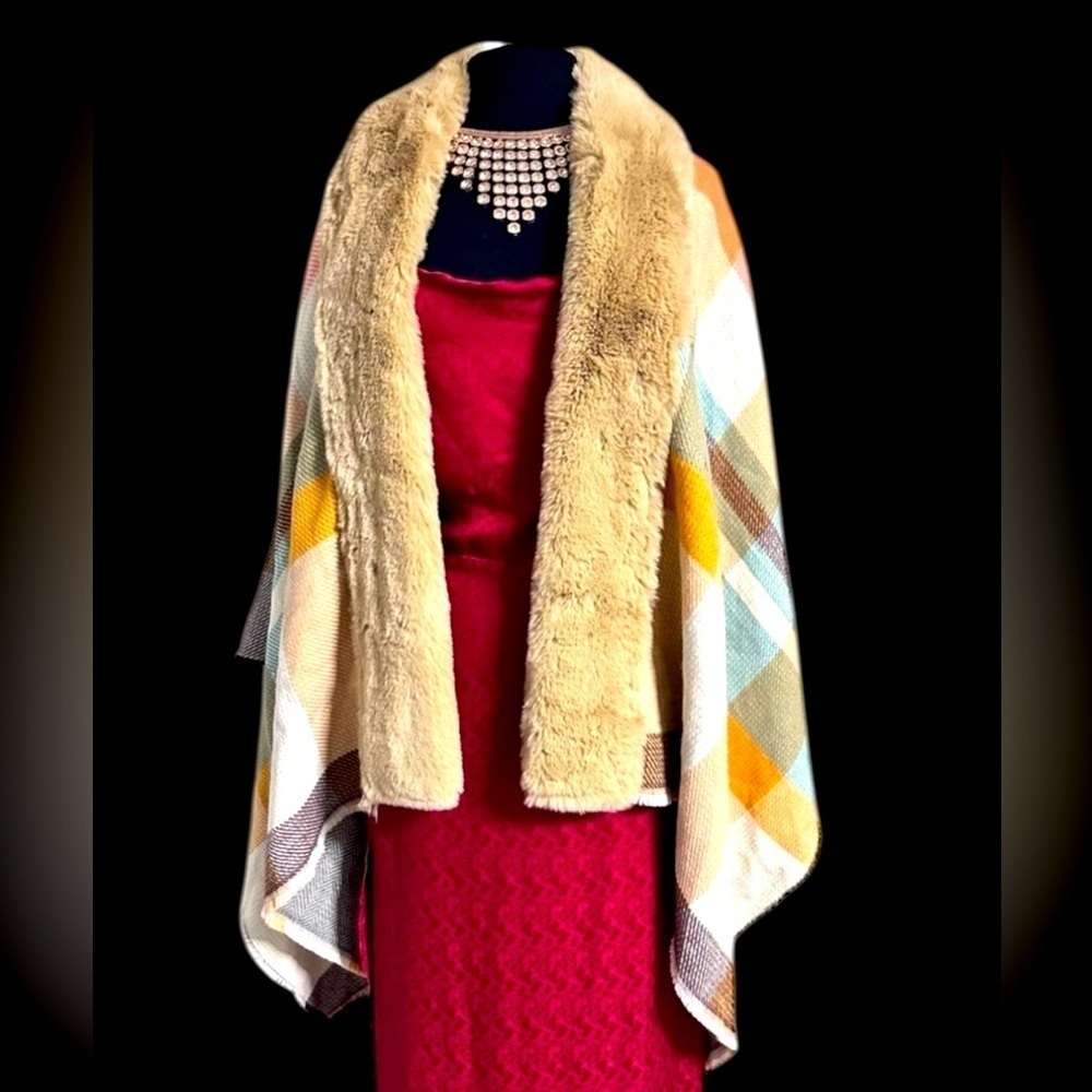Anthropologie Plaid Blanket Shawl Wrap Cape Faux Fur Football Lodge Travel OS